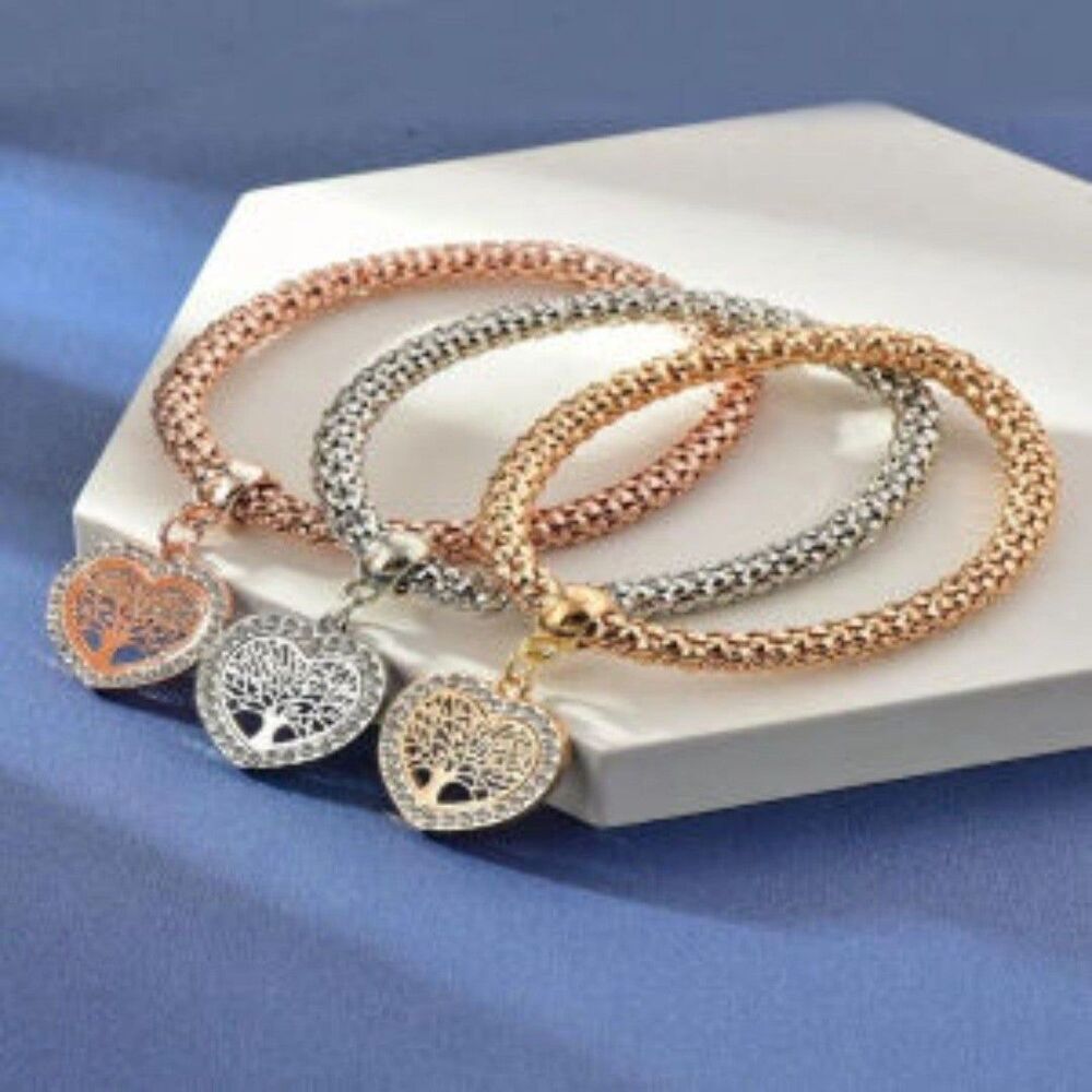 Crystal Charm Multilayer Bracelets-3pcs Gold Silver Rose Tree of life Bracelet